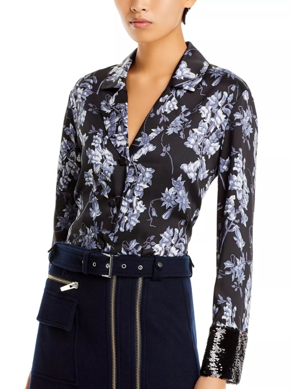 Cinq à Sept 'Phoebe' Sequin-Cuff Floral-Print Blouse Top, Black/Blue Multi